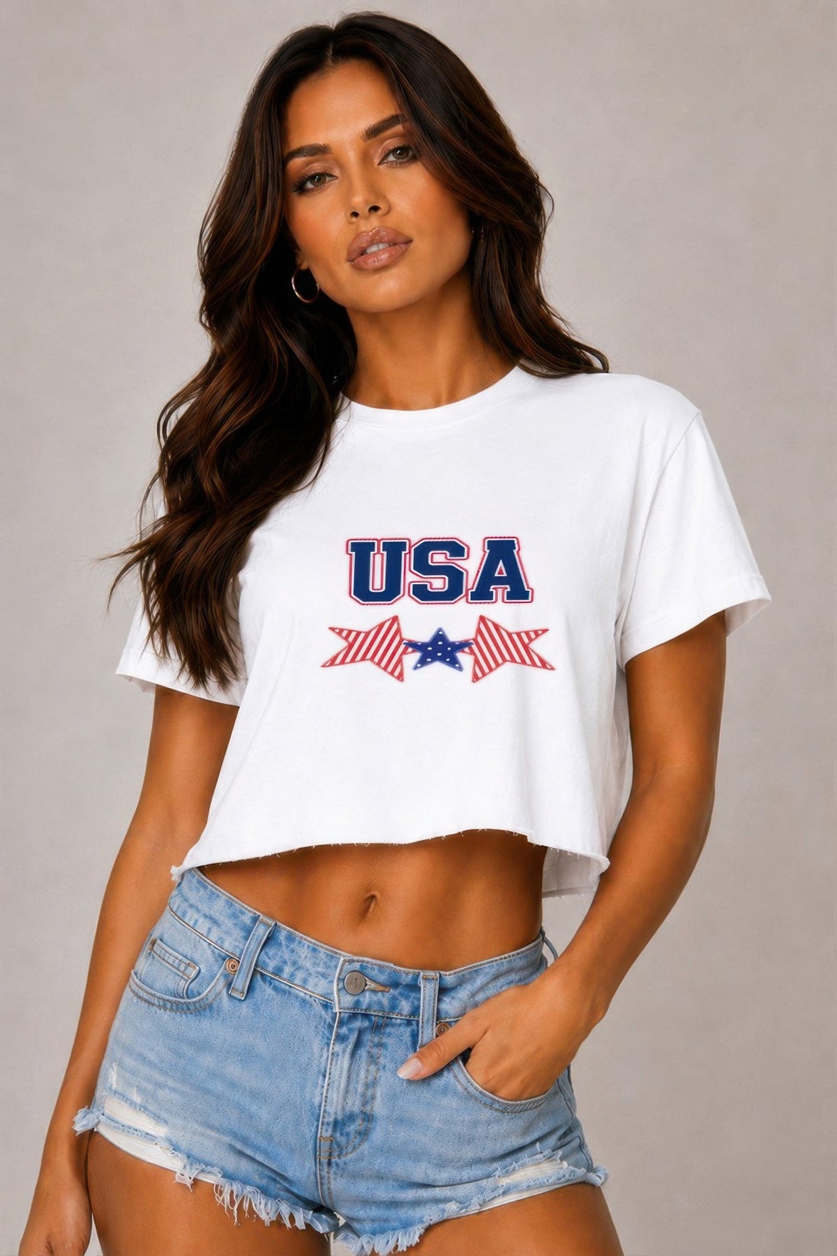 Usa Star Print Cropped Cotton Tshirt - Clusimo