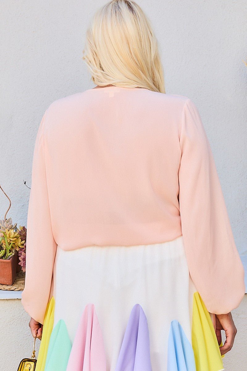 V Neck Bubble Sleeve Solid Top - Clusimo