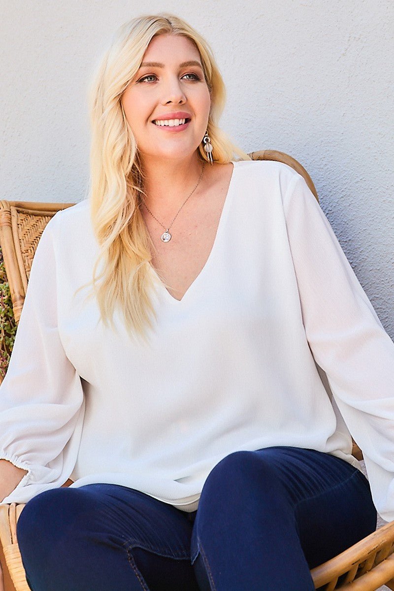 V Neck Bubble Sleeve Solid Top - Clusimo