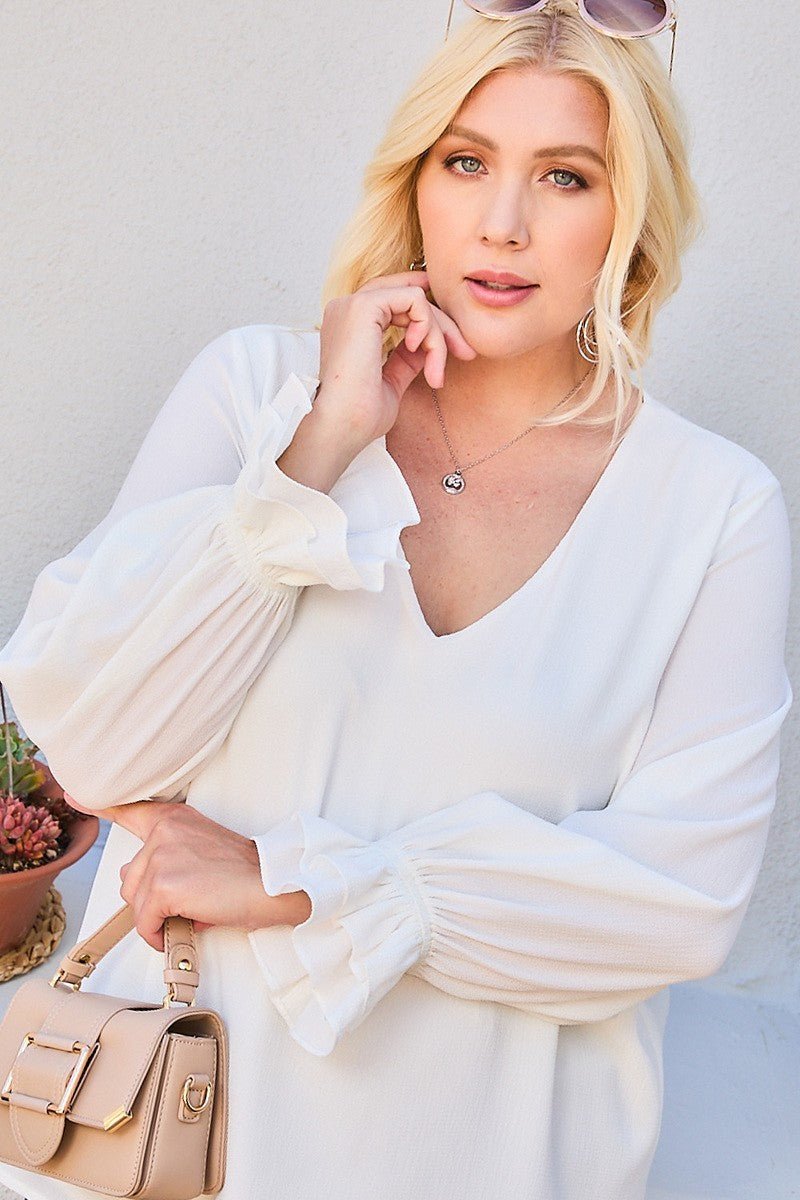 V Neck Tier Ruffle Sleeve Top - Clusimo