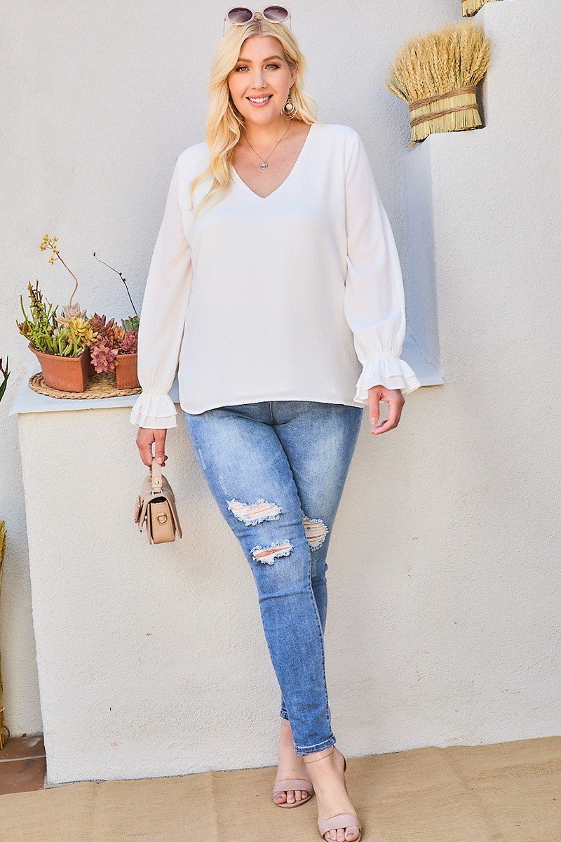 V Neck Tier Ruffle Sleeve Top - Clusimo